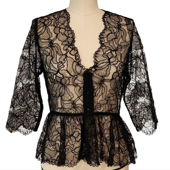 Ganni Tops - GANNI Light Floral Lace V-neck Sheer Peplum Top Black Blouse Ruffle 36 (US 4 S)